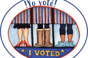 This Spanish-language I Voted sticker is among several designed by Alaskan artist Barbara Lavallee. The stickers will be available in English, Spanish, Koyukon, Gwichin, Aleut, Tagalog, Alutiiq, Northern Inupiaq, Nunivak Cupig and Yupik, according to Alaska Division of Elections. (Courtesy Image / DOE)