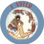 Alaskan artist Barbara Lavallee designed "I Voted" stickers celebrating the diversity of Alaskan women and the 100th anniversary of women's suffrage. The stickers will also be available digitally for voters who cast ballots by mail. (Courtesy Image / DOE)