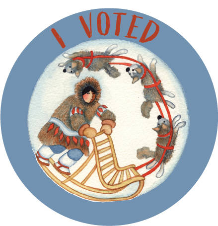 Alaskan artist Barbara Lavallee designed "I Voted" stickers celebrating the diversity of Alaskan women and the 100th anniversary of women's suffrage. The stickers will also be available digitally for voters who cast ballots by mail. (Courtesy Image / DOE)