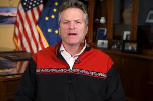 A screenshot of Gov. Mike Dunleavy giving his address to the Alaska Federation of Natives 2020 Annual Convention.