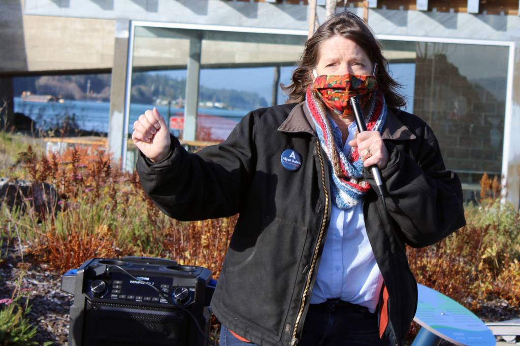 Alyse Galvin, a candidate for the U.S. House of Representatives, speaks during a womens march and rally held Saturday in Juneau. Ben Hohenstatt / Juneau Empire)
