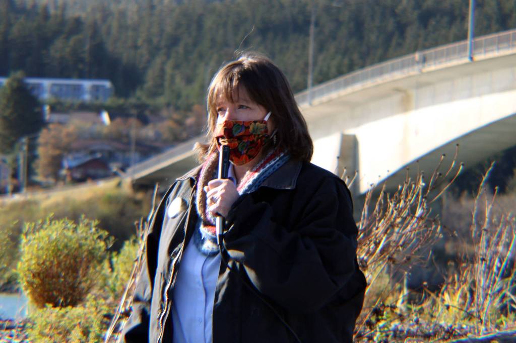 Alyse Galvin, an independent but Democratic Party-backed candidate for the U.S. House of Representatives, speaks Saturday, Oct. 17 at a womens march and rally. (Ben Hohenstatt / Juneau Empire)