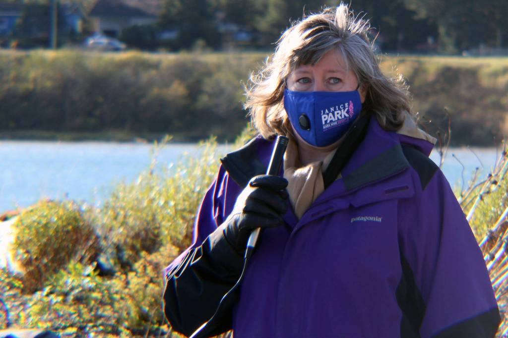 State Rep. Sara Hannan, D-Juneau, encouraged those who marched and rallied Saturday to vote and to find five sometimes voters they could convince to vote. Hannan said the numbers for absentee ballot registration in Southeast Alaska are encouraging and show signs of an energized electorate. (Ben Hohenstatt / Juneau Empire)
