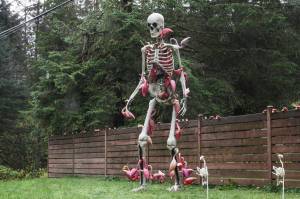 A skeleton beset by flamingos stands sentinel in Dana Hanselmans front yard next to Glacier Highway on Oct. 9, 2020. (Michael S. Lockett / Juneau Empire)