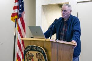 Bill Corbus, former revenue commissioner and past president of Alaska Electric, Light and Power, speaks Thursday, Jan. 23, 2020, at a Greater Juneau Chamber of Commerce meeting at Elizabeth Peratrovich Hall. (Ben Hohenstatt / Juneau Empire File)