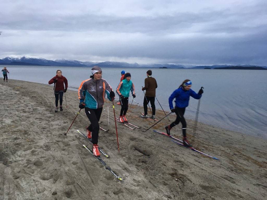 Members of the Juneau Nordic Ski Team carry out dry land exercises in 2019 at the beginning of the season. (Courtesy photo / Jeannie Monk)