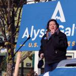 Alyse Galvin speaks during a drive-in rally held Oct. 17 in Juneau. (Ben Hohenstatt / Juneau Empire)