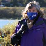 State Rep. Sara Hannan, D-Juneau, speaks during a women's march held downtown on a sunny Saturday in October. (Ben Hohenstatt / Juneau Empire)