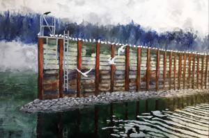 This photo shows an encaustic piece titled Sentinels by Michelle Morrell. I couldnt damped the reds in the photo. It depicts the old Aurora Harbor breakwater that was replaced last winter. (Courtesy Image / Michelle Morrell)