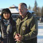 Incumbent Republican Sen. Dan Sullivan, left, with his wife Julie, speaks to the media after casting his ballot at the Alaska Zoo Tuesday, Nov. 3, 2020 in Anchorage, Alaska. (AP Photo / Michael Dinneen)