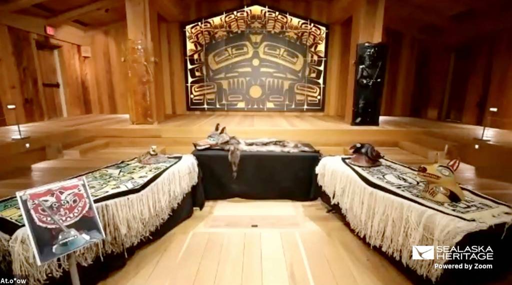 Provided by the Sealaska Heritage Institute, this photo shows a Nov. 5, 2020, Zoom memorial service for Tlingit elder David Katzeek, conducted by the Sealaska Heritage Institute, showing the hall in Juneau, Alaska, where his memorial service would have been performed if the pandemic hadnt made that impossible. Cultural leaders scrambled when Katzeek died at age 77 in late October 2020, to find a way to still hold the traditional memorial during a pandemic. (Sealaska Heritage Institute)