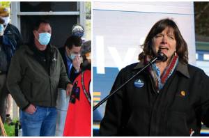 This composite image shows independent candidates Al Gross, left, and Alyse Galvin, right, during campaign events in Juneau. Both Gross and Galvin conceded Friday to Republican incumbents. Gross lost to Sen. Dan Sullivan. Galvin lost to Rep. Don Young. (Juneau Empire)