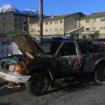 Capital City Fire/Rescue responded to a call at approximately 10 p.m. on Nov. 16, 2020 to a vehicle fire downtown. The vehicle, shown here the next morning, was located on F Street. (Michael S. Lockett / Juneau Empire)