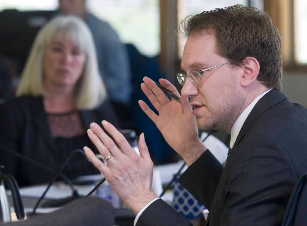 Rep. Lance Pruitt, R-Anchorage, speaks during the House Finance Committee meeting as they work on SB 128, the Permanent Fund spending bill, in the Bill Ray Center in 2016. (Michael Penn / Juneau Empire File)