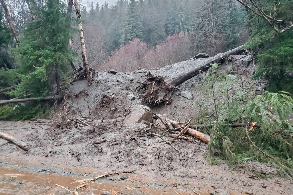This photo hows damage from heavy rains and a mudslide 600 feet wide in Haines, Alaska, on Wednesday, Dec. 2, 2020. Authorities say six people are unaccounted for, and four homes were destroyed in the slide, with the search resuming Thursday morning for survivors. (Matt Boron/Alaska Department of Transportation and Public Facilities)