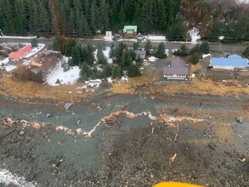 The Coast Guard is responding to rainfall-fueled landslides in Haines, shown here from a Coast Guard MH-60 Jayhawk, Dec. 3, 2020. (U.S. Coast Guard photo / Lt. Erick Oredson)