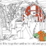 A couple dances near a barn in this image from When a Woman Loves a Man: A Coloring Book for Lovers, a new adult coloring book co-created by Juneauite Erika Stone. Artist J. Susan Cole Stone. The book includes 20 pairs of image. In each pair the first image is a relatively tame depiction of a loving couple, while the second image is less tame. (Courtesy Image)