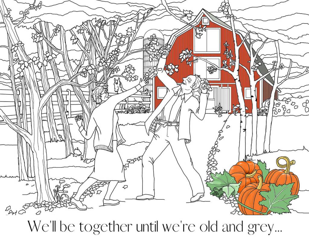 A couple dances near a barn in this image from When a Woman Loves a Man: A Coloring Book for Lovers, a new adult coloring book co-created by Juneauite Erika Stone. Artist J. Susan Cole Stone. The book includes 20 pairs of image. In each pair the first image is a relatively tame depiction of a loving couple, while the second image is less tame. (Courtesy Image)
