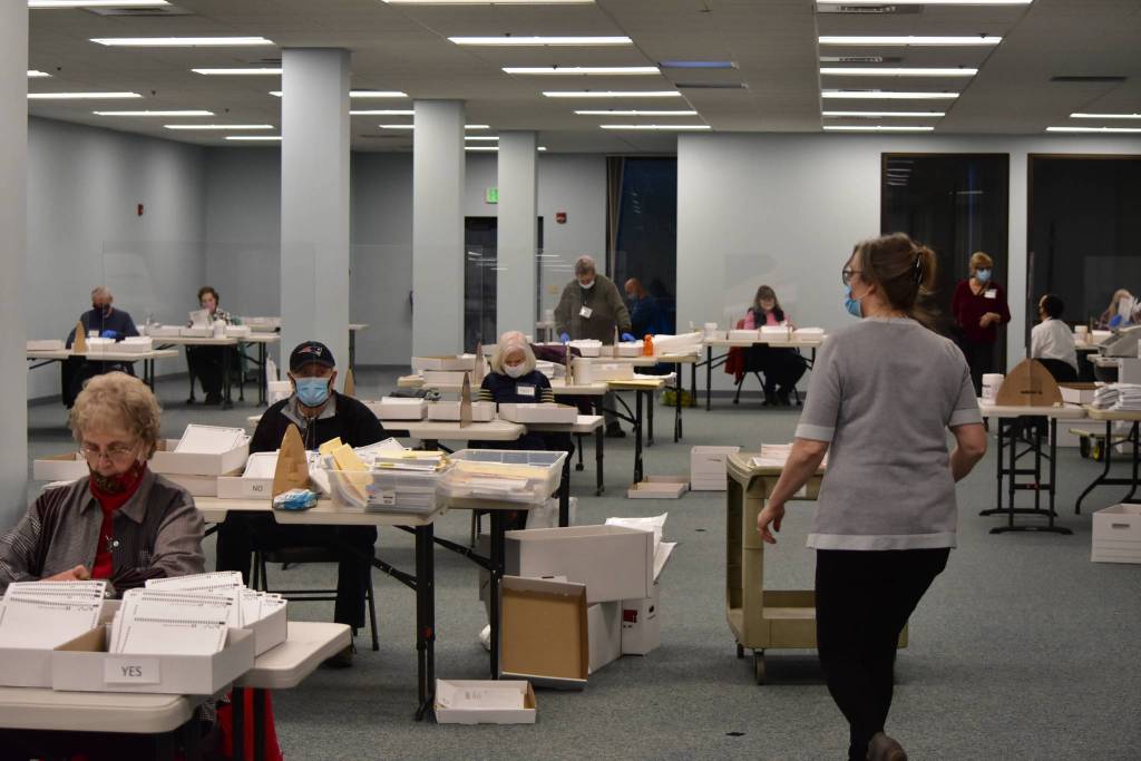 Division of Elections staff conducted an audit of the ballots for Measure 2 at the divisions offices at the Mendenhall Mall on Monday, Dec. 7, 2020. DOE announced the audit found no changes from the original count and the results remained the same as originally certified. (Peter Segall / Juneau Empire)