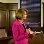 Sen. Lisa Murkowski, R-Alaska, speaks with reporters following her address to the Alaska Legislature on Tuesday, Feb. 18, 2020. (Peter Segall / Juneau Empire File)