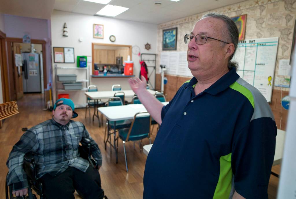 Michael Penn / Juneau Empire File
Bruce Van Dusen, executive director of Polaris House, right, and staff member Levi LeCount give a tour of Polaris House in May 2017. Despite the challenges of the pandemic and a wreck that left them without a truck, work continues at Polaris House this holiday season.