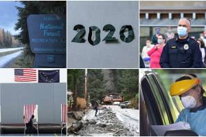 Composite Image / Juneau Empire staff and Unsplash
This composite image shows a Tongass National Forest sign that stands near the Mendenhall Glacier Visitor Center, Juneau Police Chief Ed Mercer at an event held following the killing of George Floyd, a man voting in the November general election, the effects of early December storms in Juneau and a health care worker at a drive-thru COVID-19 testing site.