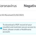 This screenshot shows negative COVID-19 test results for a test taken on Jan. 2. A greater proportion of Juneau residents have been receiving similar results in recent days, according to city data. Test positivity is now below 1%. (Screenshot / Juneau Empire)