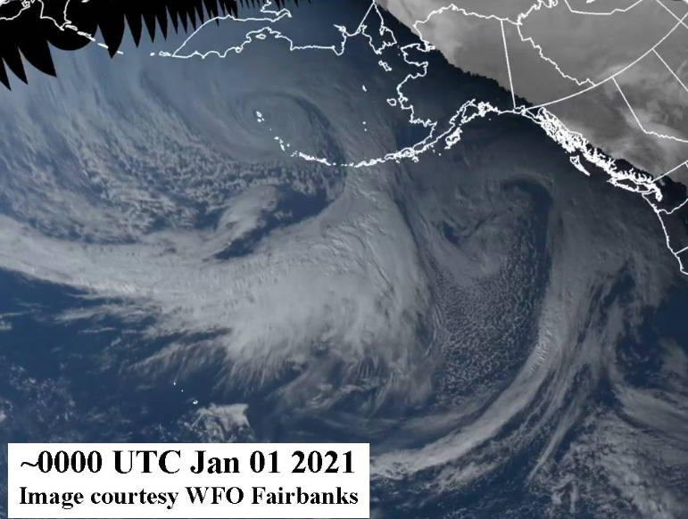 This image shows the New Years superstorm in the North Pacific Ocean and Bering Sea. (Courtesy Image / National Weather Service Fairbanks Office)
