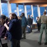 Despite howling winds and plenty of slush, dozens of people attended a scoping open house in February 2020 at the Mendenhall Glacier Visitor Center. (Ben Hohenstatt / Juneau Empire File)