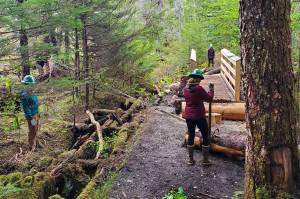 Trail Mix crew members Justine Webb, Sarah Wallace and Allison Mickleson move bridge approach timbers into place. (Courtesy photo / Ryan OShaughnessy)