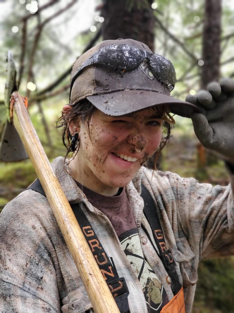 Trail Mix crew member Jessie Harlan during a day of improving the surface of the Treadwell Ditch Trail. (Courtesy photo / Ryan OShaughnessy)