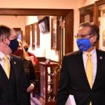 Juneaus Democratic Senator Jesse Kiehl speaks to Lt. Gov. Kevin Meyer on the first day of the 32nd Legislature on Tuesday, Jan. 19, 2020. Meyer presided over the Senate proceedings until a leadership was chosen. (Peter Segall / Juneau Empire)