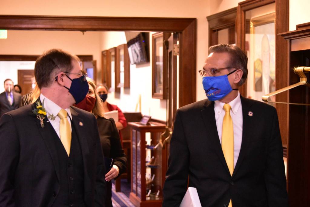 Juneaus Democratic Senator Jesse Kiehl speaks to Lt. Gov. Kevin Meyer on the first day of the 32nd Legislature on Tuesday, Jan. 19, 2020. Meyer presided over the Senate proceedings until a leadership was chosen. (Peter Segall / Juneau Empire)