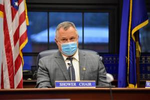 Sen. Mike Shower, R-Wasilla, chairs the Senate State Affairs Committee on Thursday, Jan. 28, 2021, during a review of a bill he submitted. Shower says the bill would strengthen Alaska’s election security while critics say it will make it harder for Alaskans to vote. (Peter Segall / Juneau Empire)