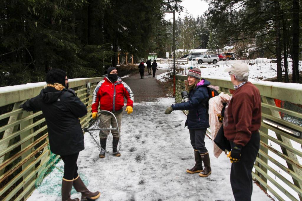 Helpers have an afteraction Juneau Raptor Center manager Kathy Benner, far left, after an attempt to capture a trumpeter swan with an injured wing at Auke Lake on Jan. 28, 2021. (Michael S. Lockett / Juneau Empire)