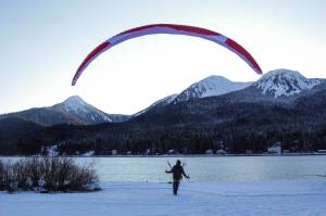 Robert Fawcett familiarizes himself with a new wing alongside the Gastineau Channel at Wayside Park on Jan. 27, 2021. When youre up on the mountain, you get more variables, more winds and gusts, Fawcett said in a brief interview. The same controls you use in the air, you use on the ground. Its always good to practice. Fawcett said hed taken the wing off a mountain on Monday. I like the hike up, Fawcett said. I dont like the hike down. (Michael S. Lockett / Juneau Empire)