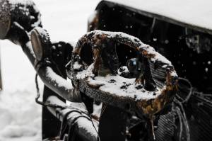 A Juneau School District plow truck caught fire Monday morning in the parking lot of Juneau-Douglas High School Yadaa.at Kalé, Feb. 1, 2021. No injuries were reported and the cause of the fire is unknown, said Capital City Fire/Rescue fire marshal Dan Jager. (Michael S. Lockett / Juneau Empire)