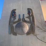 Examples of Nathan Jacksons art appear on the Juneau Empire office building. This hanging sculpture was created in 1986 and is modeled after a set of twins in Jacksons family. He explained that the twins often did things that were controversial, just like the world is often controversial. (Dana Zigmund/Juneau Empire)