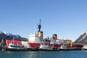 The U.S. Coast Guard Cutter Polar Star arrived in Juneau Friday, Feb. 12, 2021, to resupply from extended operations in the Arctic over the winter. (Michael S. Lockett / Juneau Empire)