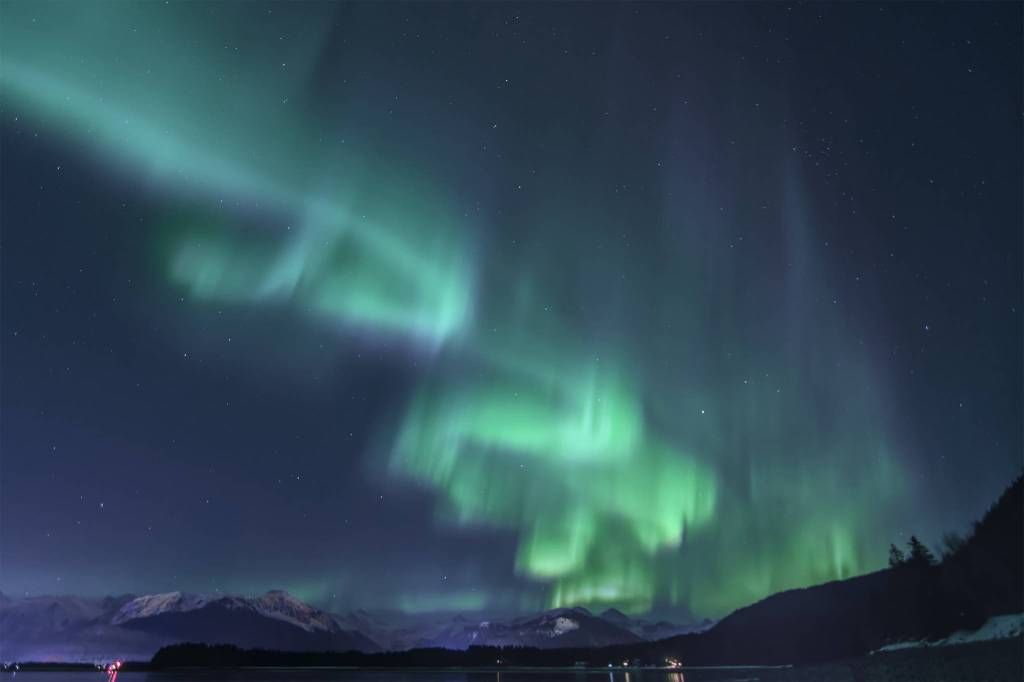 Strong auroral activity is viewed from the North Douglas Boat Launch on the night of Monday, Feb. 15, 2021. (Courtesy Photo / Eric Bleicher, @ebleiche on IG)