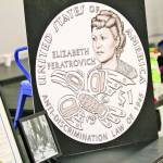 The design for the then-new gold $1 Elizabeth Peratrovich coin was on display during the Elizabeth Peratrovich Day celebration at the Tlingit and Haida Community Council on Feb. 16, 2020. (Michael S. Lockett / Juneau Empire File)