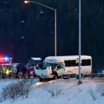 A City and Borough of Juneau minibus crashed into a guardrail on Egan Drive near Twin Lakes for reasons unknown on Feb. 15, 2021. (Peter Segall / Juneau Empire)