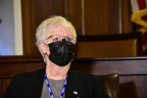 Speaker of the House Rep. Louise Stutes, R-Kodiak, speaks with reporters on Thursday, Feb. 18, 2021 after lawmakers were able put together enough of a coalition to organize itself and begin legislative work. (Peter Segall / Juneau Empire)
