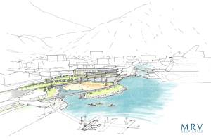 A conceptual drawing shows a possible use for Norwegian Cruise Lines property on Egan Drive. This drawing shows the property with NCLs largest ship, the Bliss, shown for scale. (Courtesy Image / MRV Architects)