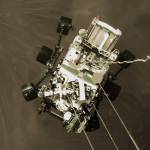 The Perseverance rover, seen here from the descent stage, landed on Mars on Feb. 18, 2021. (Courtesy photo / NASA)