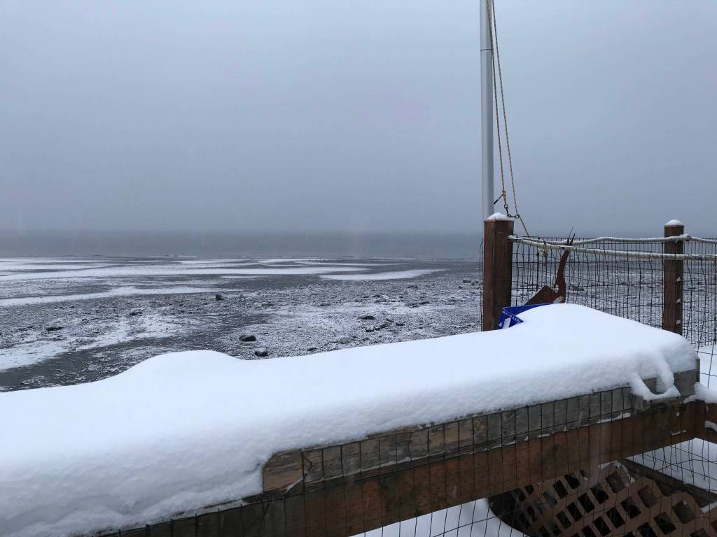 Snow covers a fish cleaning table during winter in Wrangell. (Vivian Faith Prescott / For the Capital City Weekly)