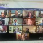 Like many municipal bodies, the City and Borough of Juneau has been conducting business via public meetings hosted on Zoom. While this has helped to keep the wheels of government turning, it's also opened the door to Zoom bombing. Zoom bombing happens when an anonymous party joins the meeting and shares graphic or lewd content. City officials are considering an ordinance that makes it illegal to Zoom bomb a meeting hosted from Juneau. This screen grab from CBJ's website shows the city assembly meeting via Zoom. (Screenshot)