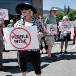 Judy Cavanaugh stands with others at a rally against the Pebble Mine in front of Sen. Lisa Murkowski’s Juneau office in June 2019.  The Army Corps of Engineers has accepted a request for administrative appeal filed by Pebble Limited Partnership. A similar effort by the state was reject, Gov. Mike Dunleavy said in a news release. (Michael Penn / Juneau Empire File)