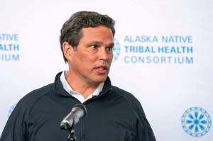 Alaska Native Tribal Health Consortium Chairman Andy Teuber introduces U.S. Health and Human Services Secretary Alex Azar at a press conference at the Alaska Native Tribal Health Consortium, Wednesday, Aug. 12, 2020, in Anchorage. The U.S. Coast Guard was searching for an overdue helicopter piloted by Teuber who is the former head of the Alaska Native Tribal Health Consortium. Teuber had resigned last week after allegations of sexual misconduct surfaced against him which he denied. Teuber left Anchorage about 2 p.m. Tuesday, March 2, 2021, in a black and white Robinson R66 helicopter en route to Kodiak Island. (Loren Holmes / Anchorage Daily News)