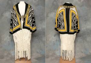 This combination of photos provided by the Sealaska Hertiage Institute in Juneau, Alaska, shows the front and back of a Tlingit Ravenstail coat. An Alaska Native cultural organization and the luxury department store Neiman Marcus have settled a lawsuit over the sale of a coat with a copyrighted, geometric design borrowed from indigenous culture. (Brian Wallace / Sealaska Heritage Institute)